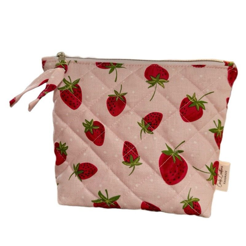 “Pink dot and strawberry” Everday quilted zipper pouch