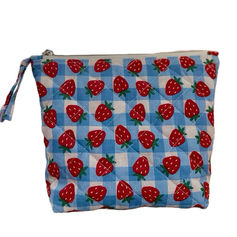 “Strawberry picnic in blue gingham” Everyday quilted pouch