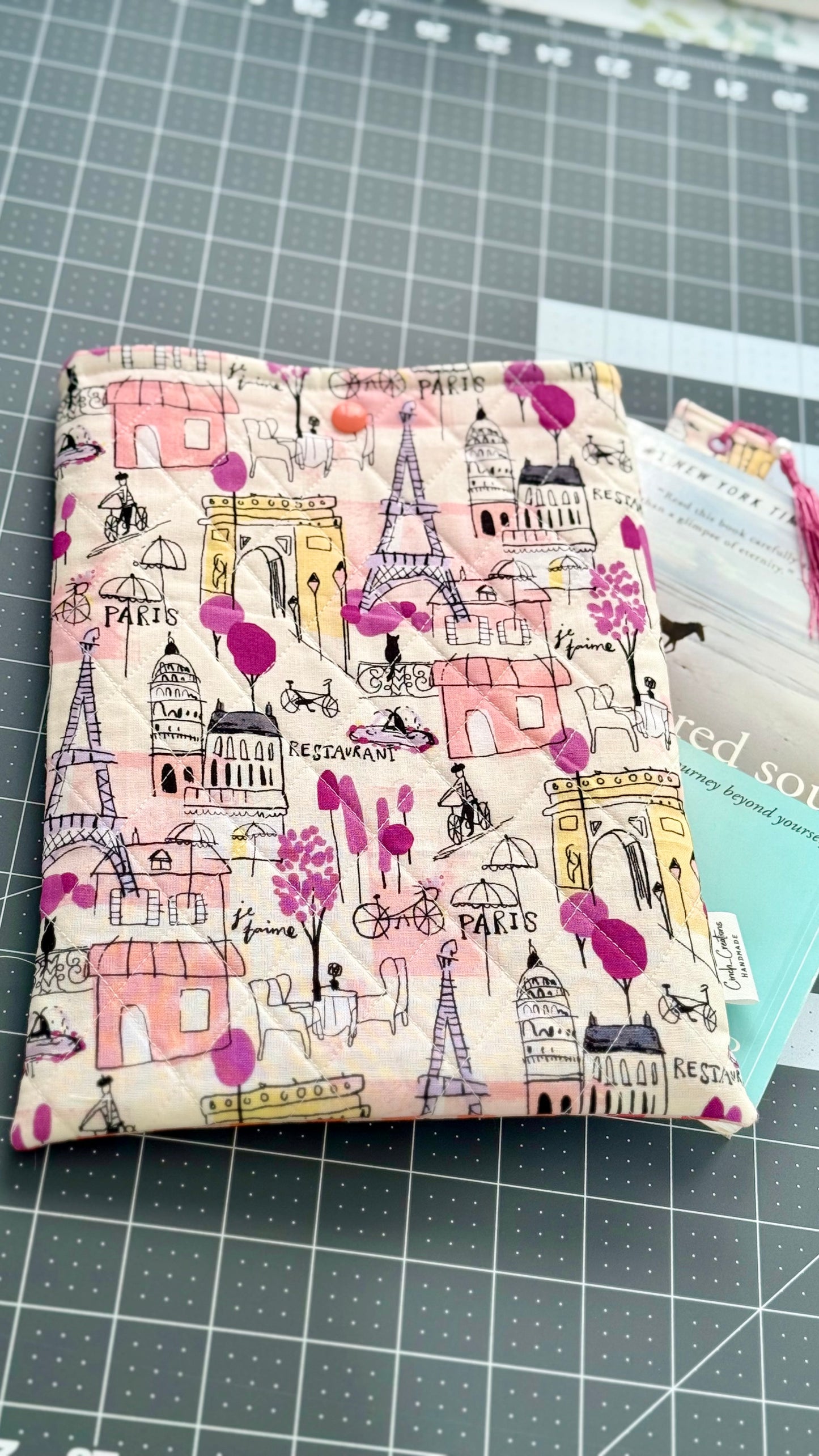 “Paris” fabric Print book sleeve with bookmark set